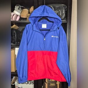 Rare Champion Mens Size Medium Red & Blue Hooded Windbreaker Jacket 1/2 Zip Coat